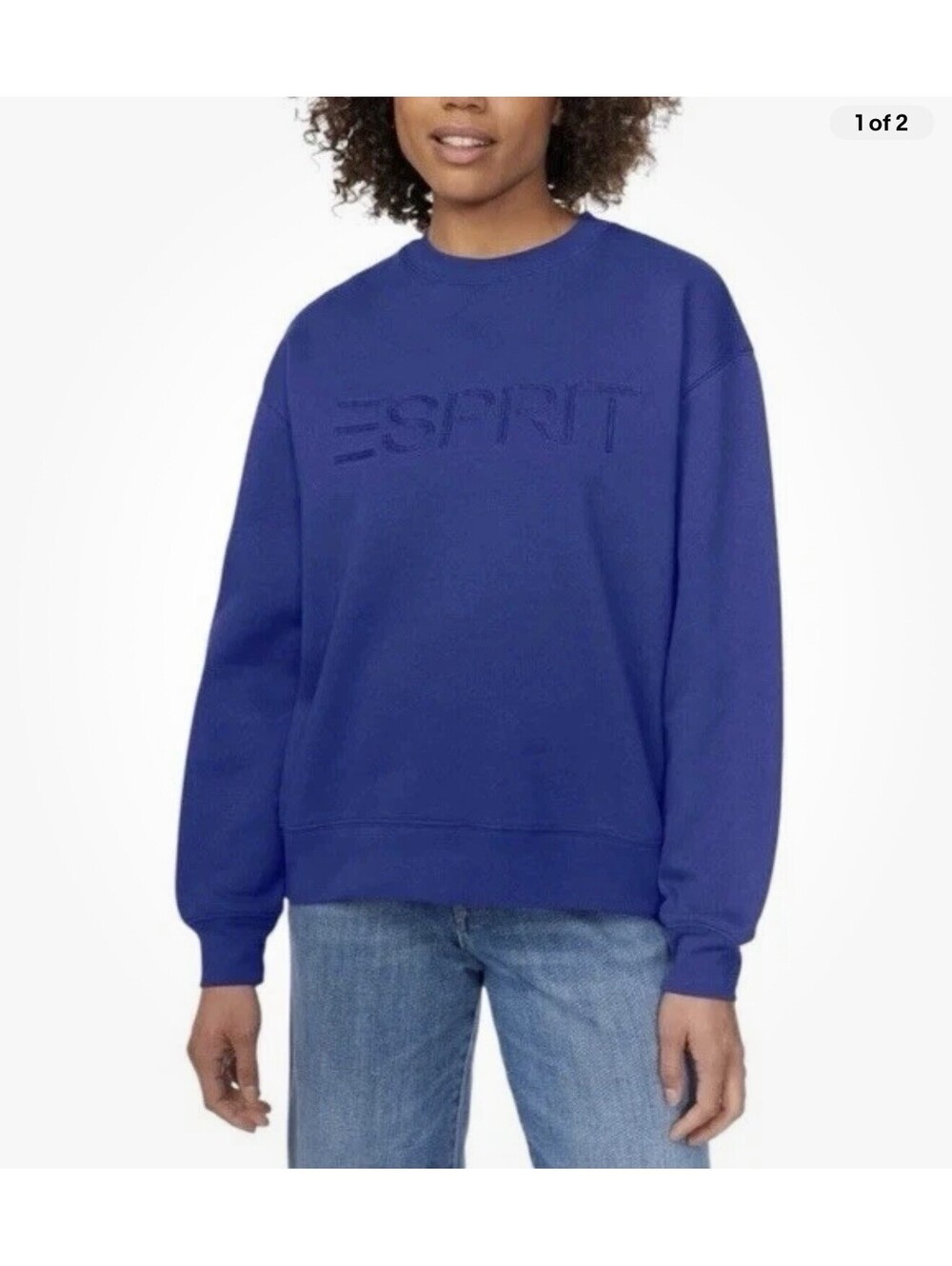 ESPRIT Embroidered Crewneck Sweatshirt Size XS VIRAL 80s Costco Blue NWT
